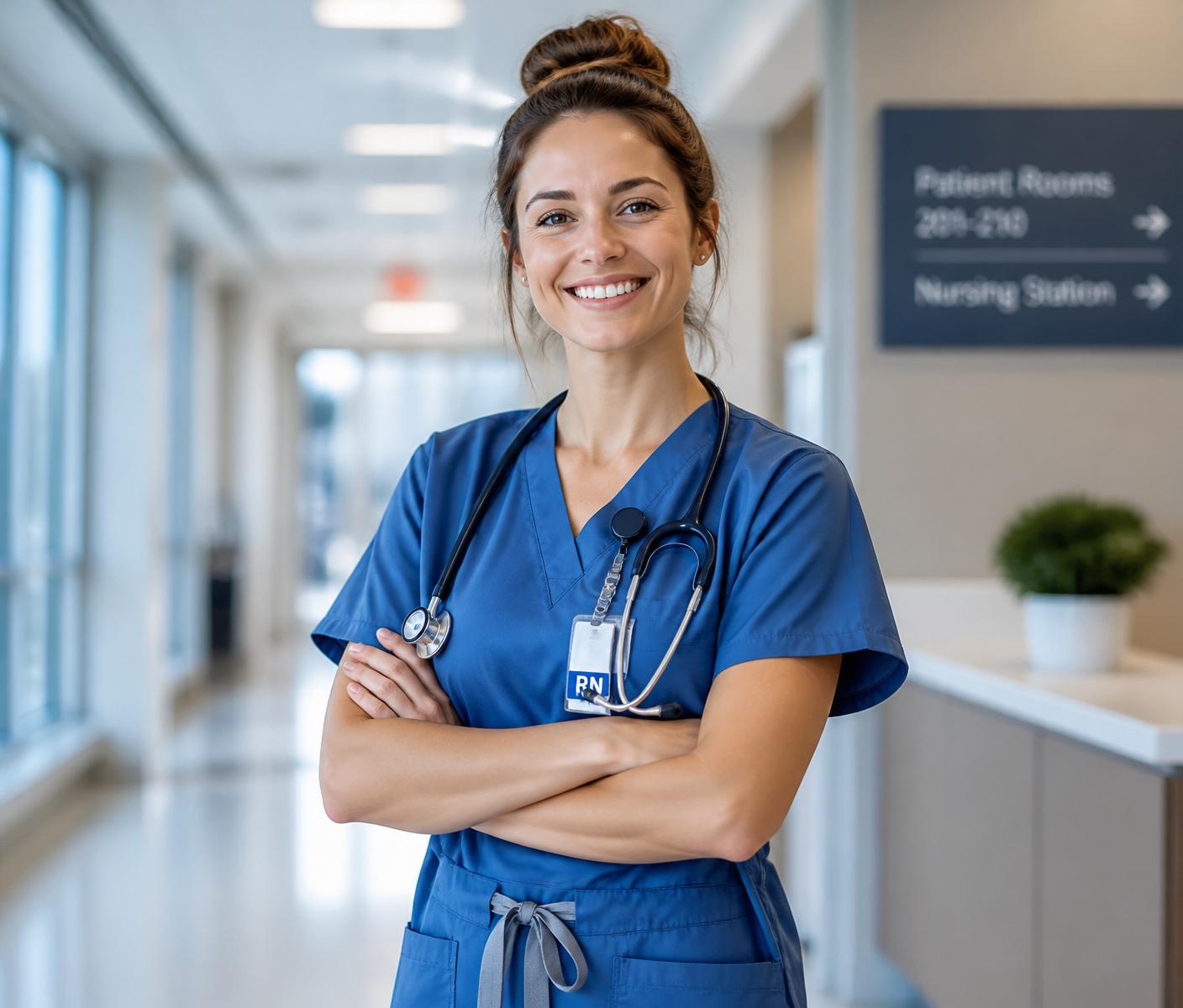 Registered General Nurse smiling in a hospital corridor