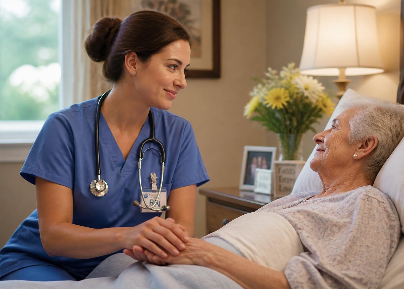 Nurse comforting an elderly patient in a hospice room