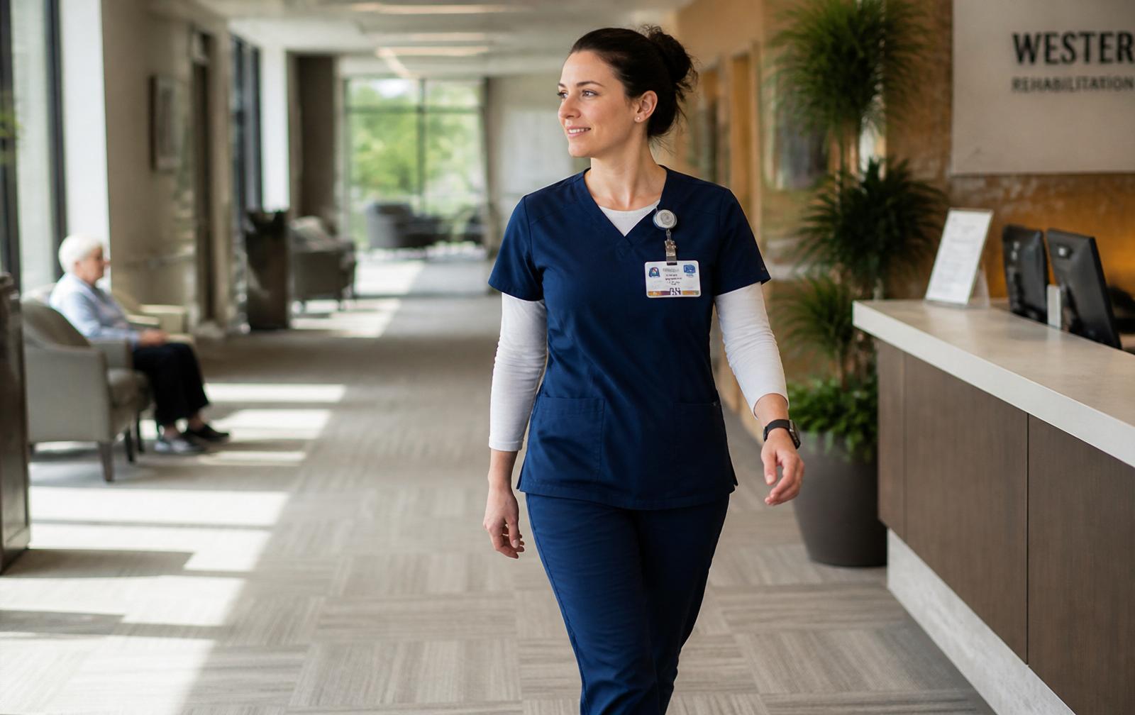 Nurse walking through a bright modern care facility lobby