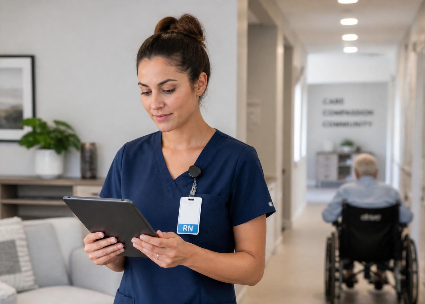 Registered General Nurse reviewing patient notes on a tablet